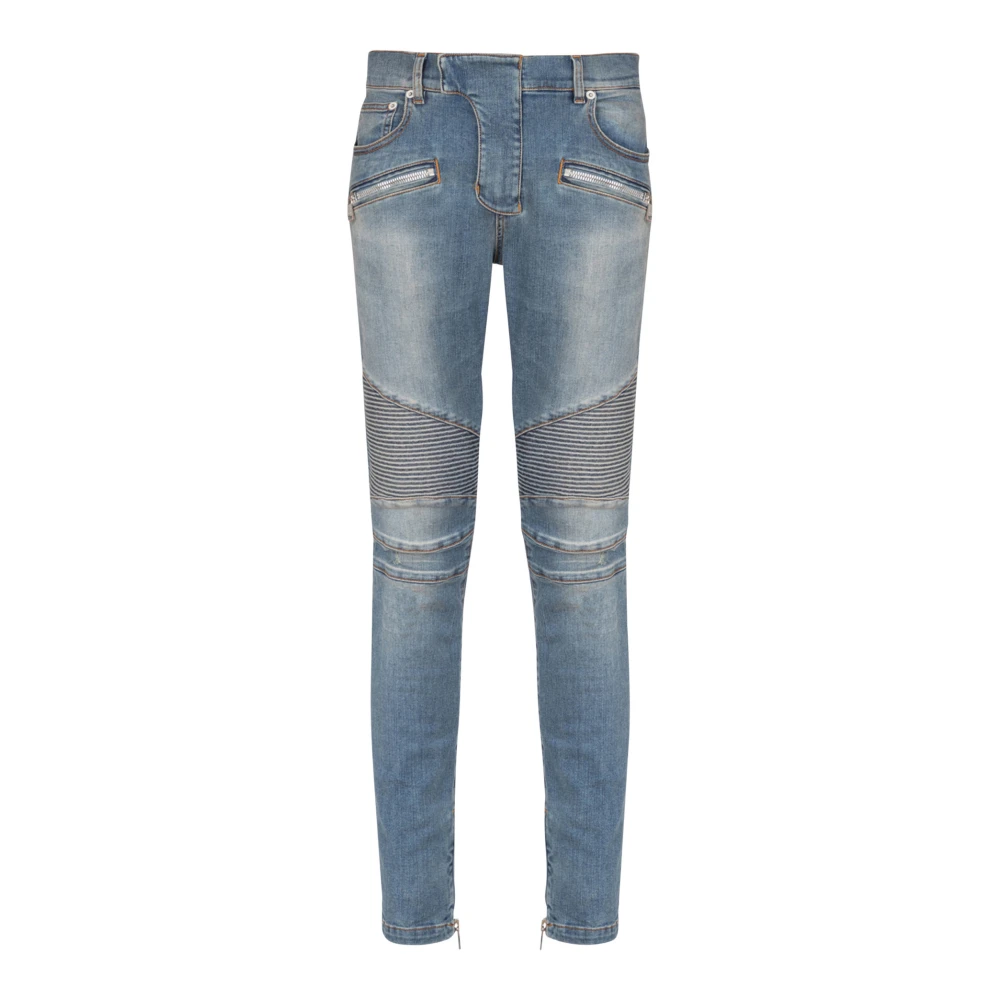 Balmain Slim-fit biker jeans in blauwe denim Blue Heren