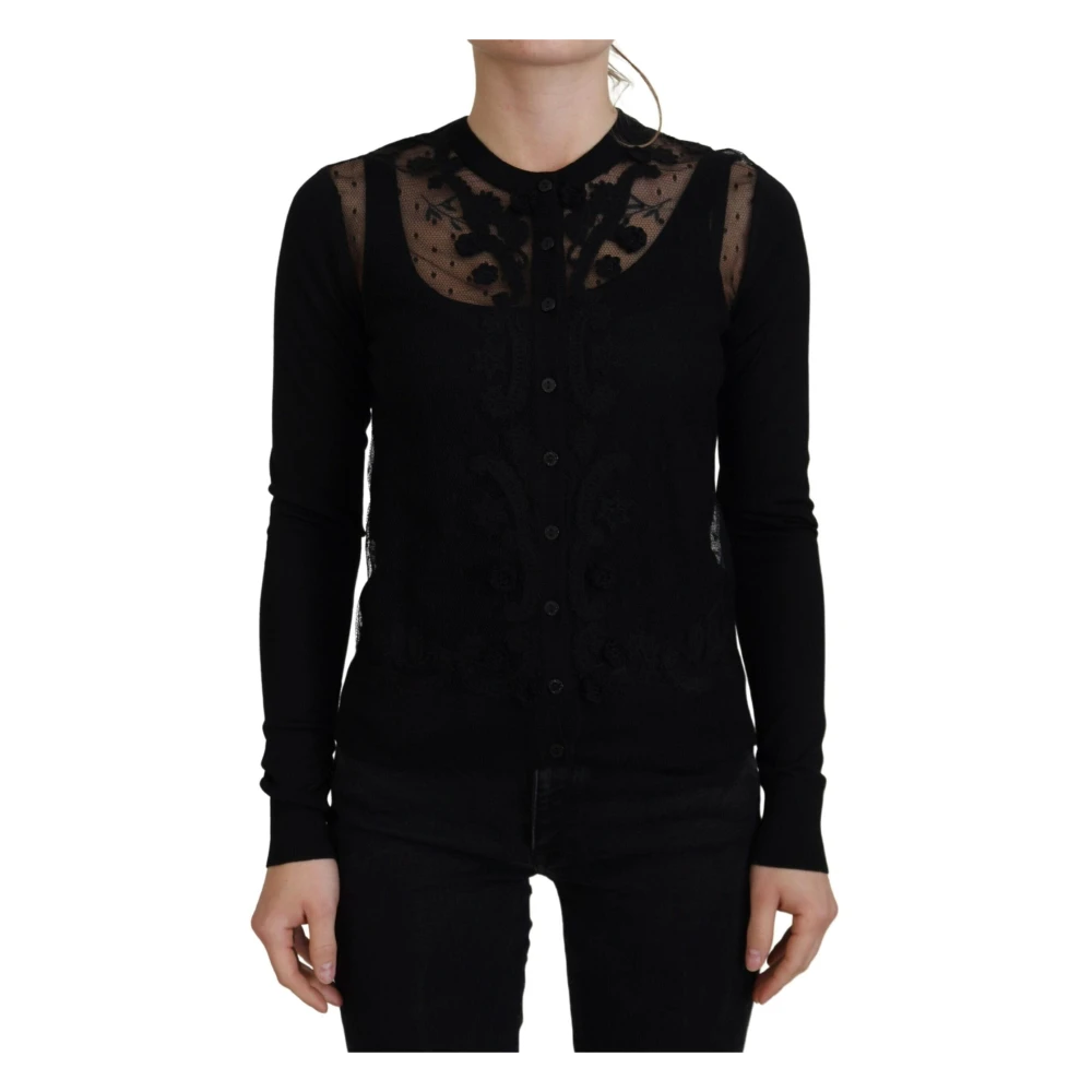 Dolce & Gabbana Zwarte bloemenkanten knoop cardigan Black Dames