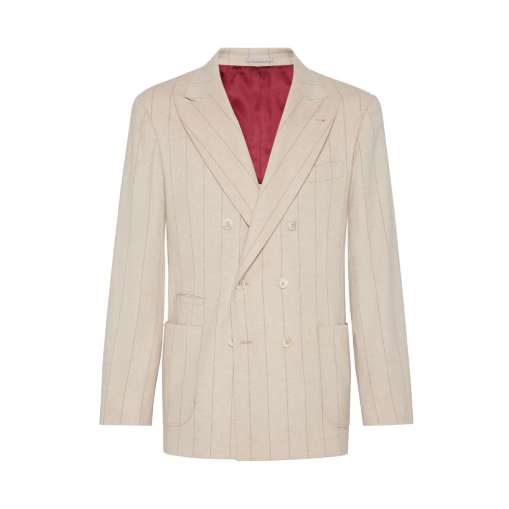 BRUNELLO CUCINELLI Beige Wol-Kasjmier Jas Verticale Streep Beige Heren