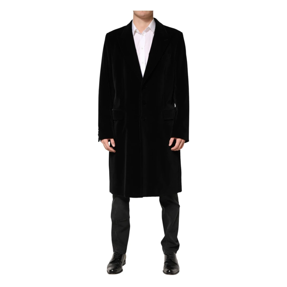 Dolce & Gabbana Black Cotton Velvet Long Trench Coat - Male - Single-Breasted Coats - Xl - Coats