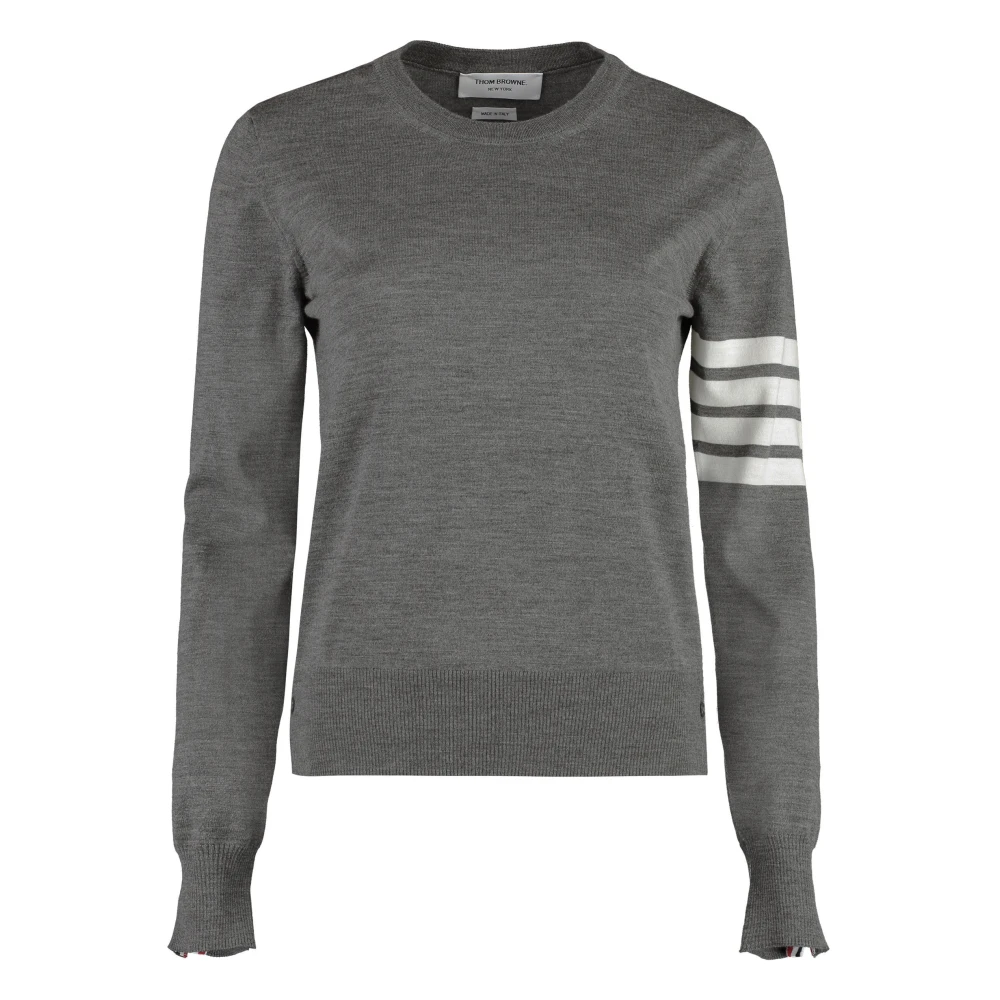 Thom Browne Women's Gray Round-Neck Knitwear, S, Striped Wool Jumper With Buttoned Cuffs