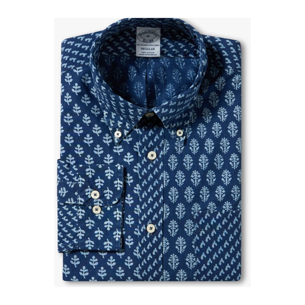 Brooks Brothers Indigo Print Katoenen Poplin Sport Shirt met Knoopsluiting Blue Heren