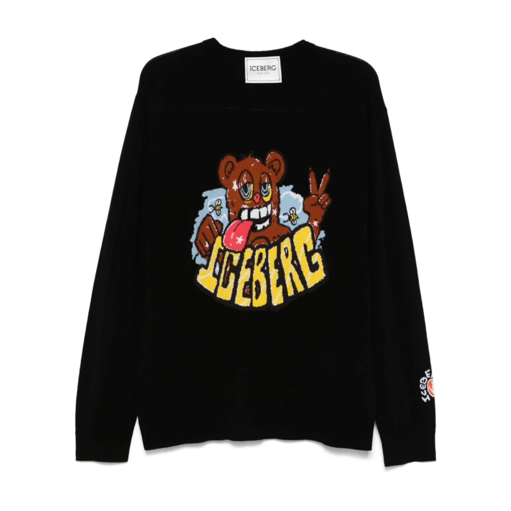 Iceberg Zwarte Gebreide Crew Neck Logo Sweater Black Heren