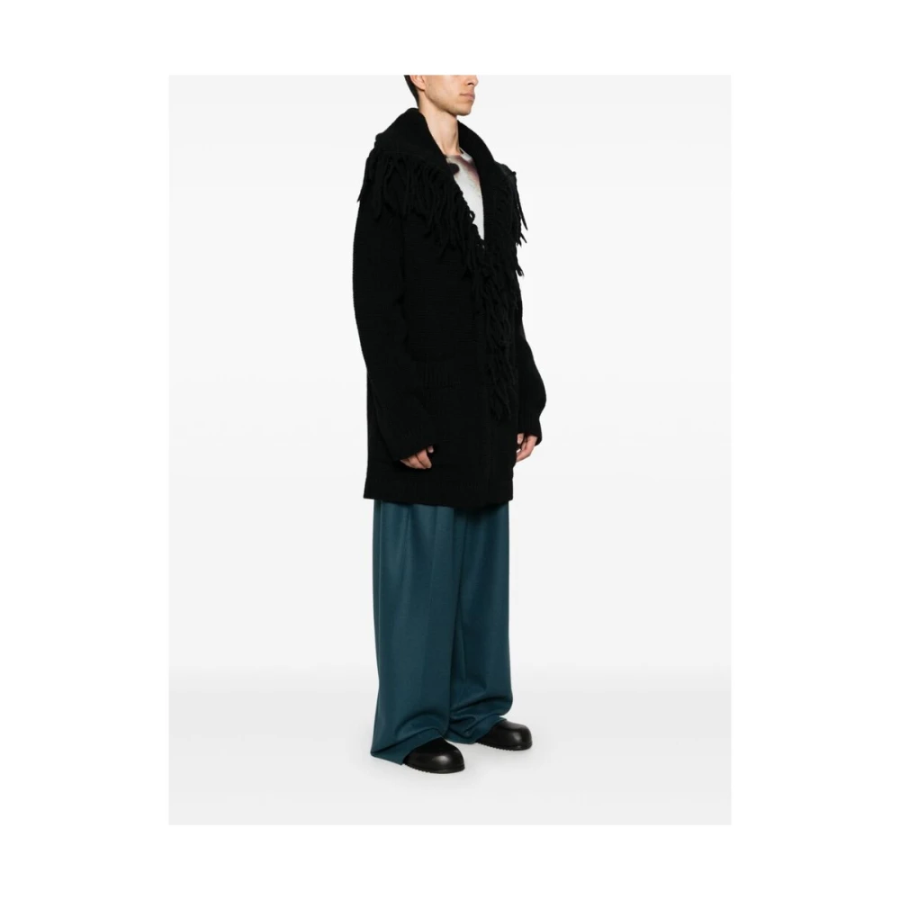 Dries Van Noten Zwarte Chunky Gebreide Fringe Sweater Black Heren