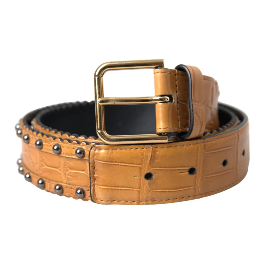 Dolce & Gabbana Beige Belts, Unisex, One Size, Alligator Leather Studded Metal Buckle Belt