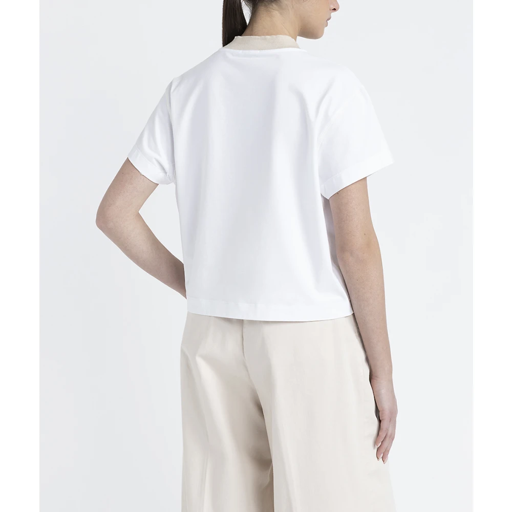 PESERICO Katoenen jersey T-shirt met tricot ronde hals White Dames