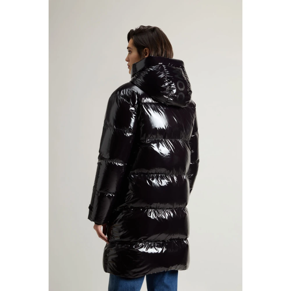 Woolrich Super Glanzende Lange Parka in Zwart Black Dames