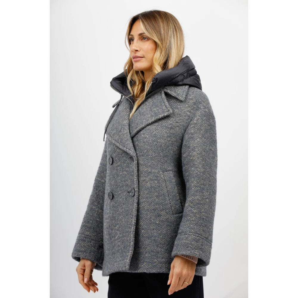 Duno Wollen Bouclé Dubbel-Breasted Peacoat met Afneembare Bib Blue Dames