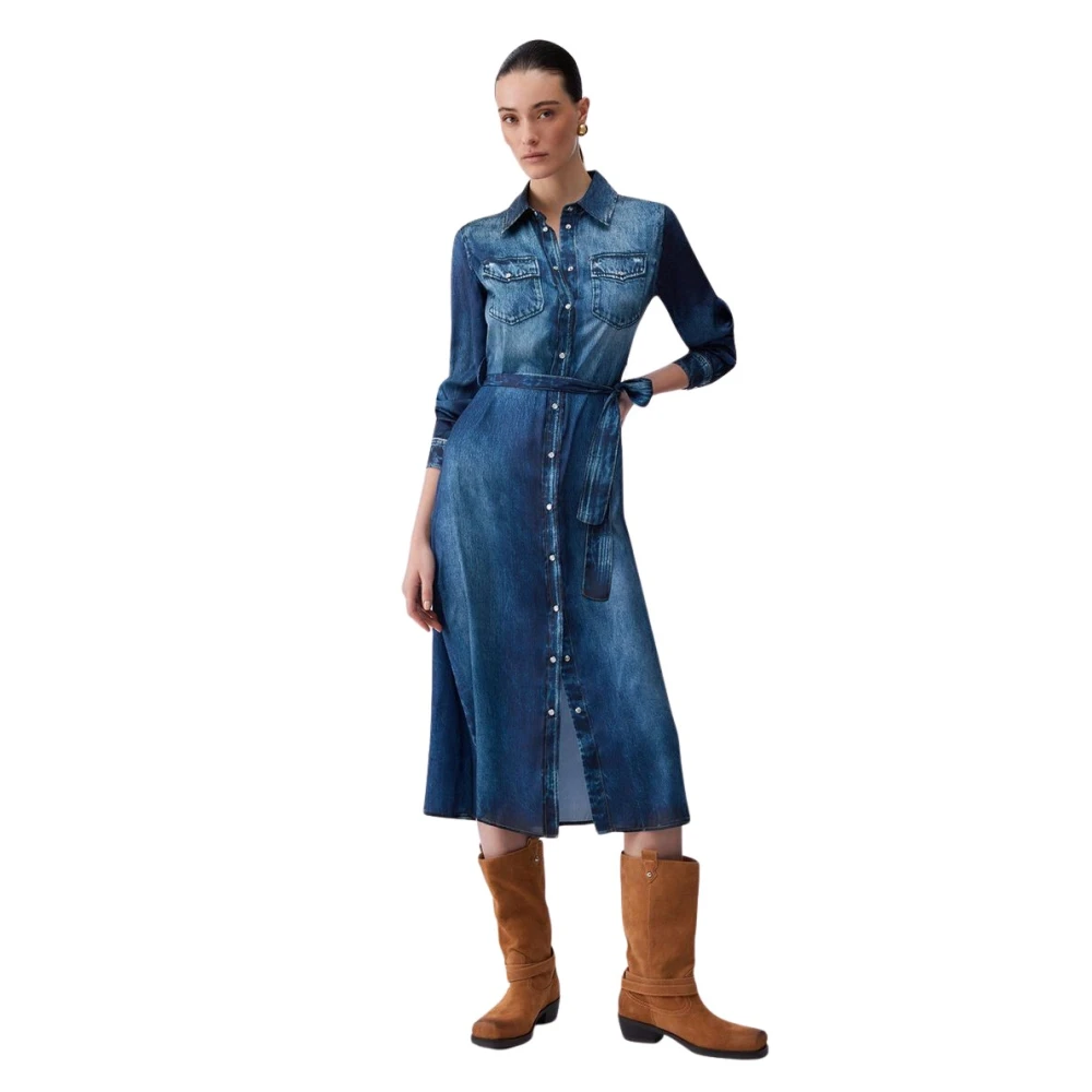 Liu Jo Vrouw Blauw Kleedjes Dames, M, Denim, Lange Jurk Met Digitale Print