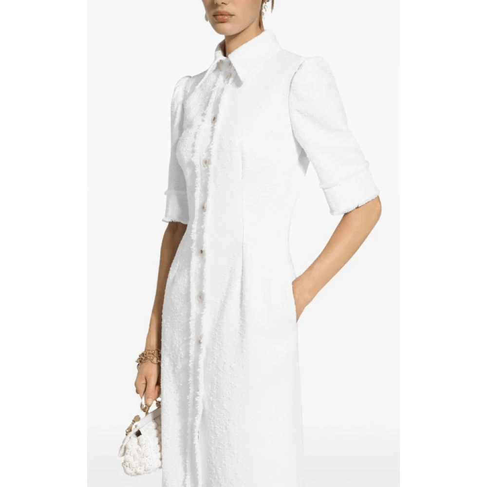 Dolce & Gabbana Witte Tweed Midi Overhemdjurk White Dames