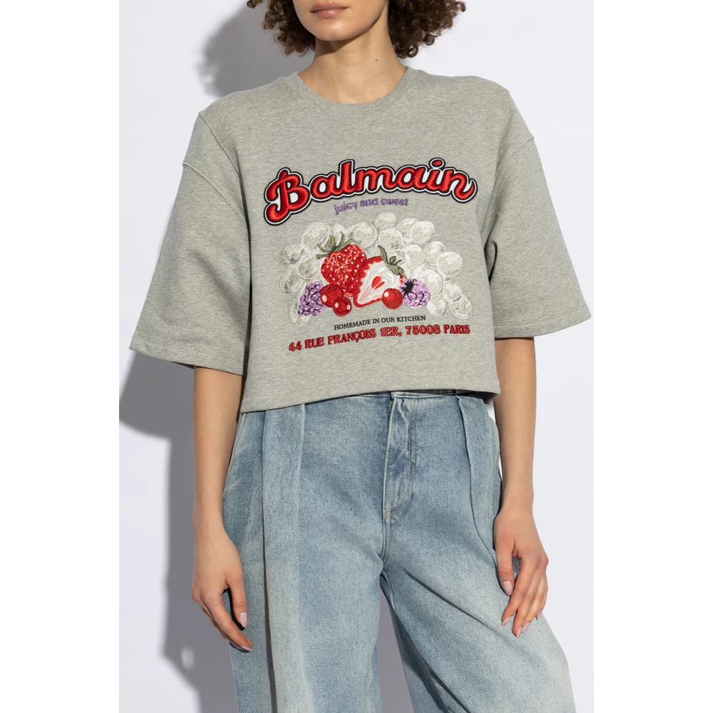 Balmain T-shirt met kleurrijk geborduurd patroon Gray Dames
