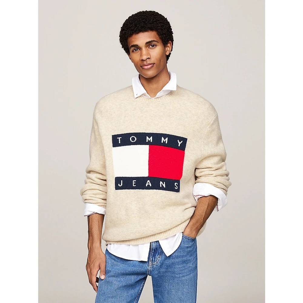 Tommy Jeans Melange Flag Sweater Regular Fit Beige Heren