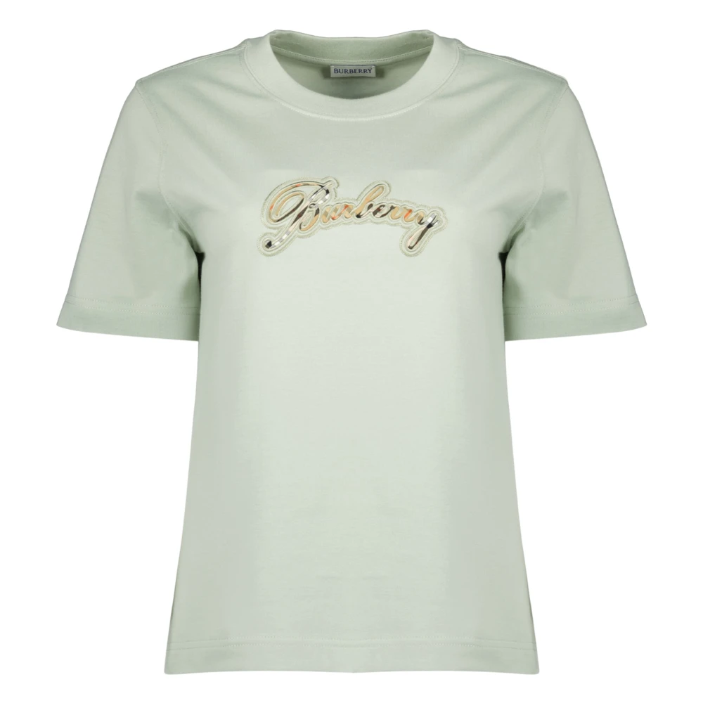 Burberry Women's Green T-Shirts, Xs, Check Cursive Logo Cotton T-Shirt