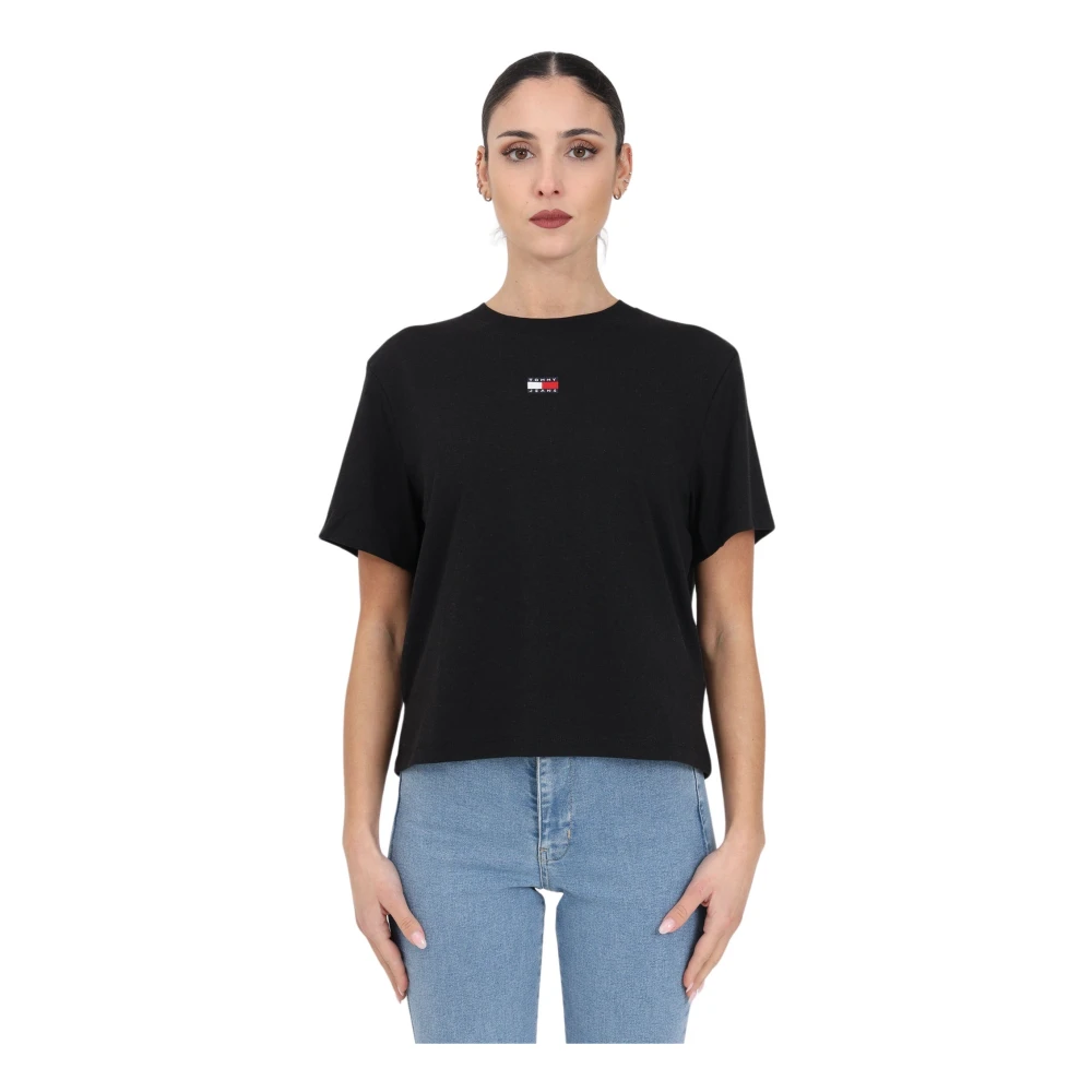 Tommy Jeans Dam Crop T-shirt, Svart, Broderad Logotyp Black, Dam