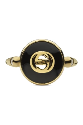 Sammanlänkad ring i gult guld, onyx och diamant