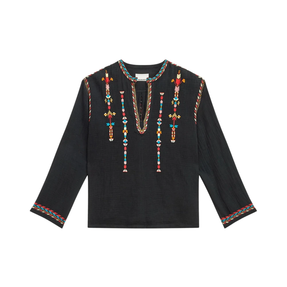 Isabel marant Geborduurd Katoenen Shirt Ronde Hals Lange Mouwen Black Heren