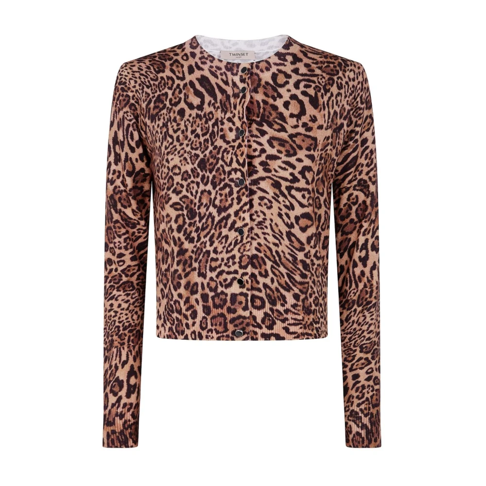 Twinset Women's Multicolor Cardigans, S, Leopard-Print Crewneck Cardigan