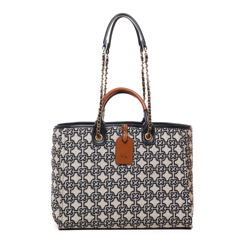 V73 Blauw Beige Leren Stoffen Schoudertas Multicolor Dames