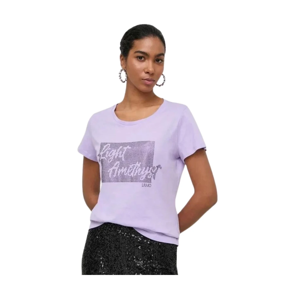 Liu Jo Women's Purple Round Neck T-Shirt With Print And Rhinestones