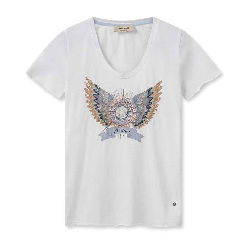 MOS MOSH Grafisch Print T-Shirt met Kralen en Pailletten White Dames