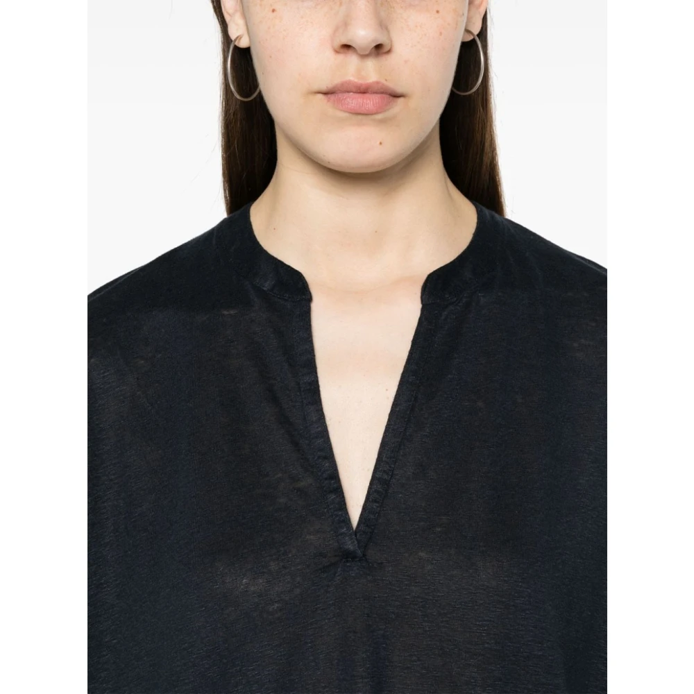majestic filatures Blauwe Linnenmix V-Hals Jurk Blue Dames