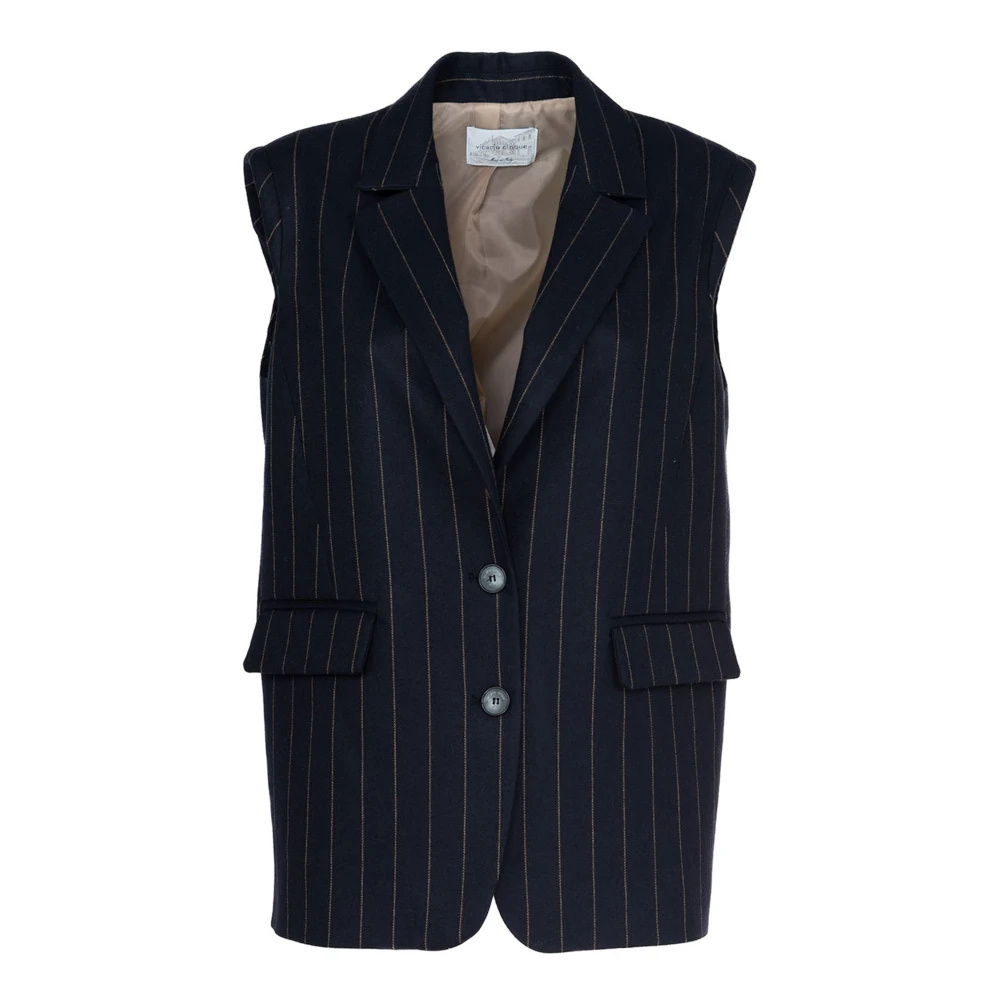 Vicario Cinque Maxi vest in gestreepte stretchflanel met revers en zakken Velia Blue Dames