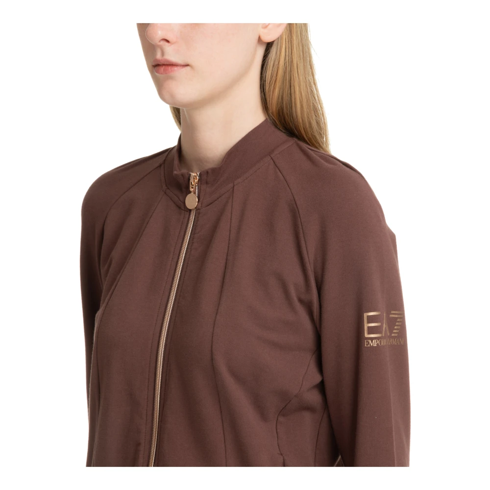 Emporio Armani EA7 Effen Sweatshirt met Rits en Logo Brown Dames