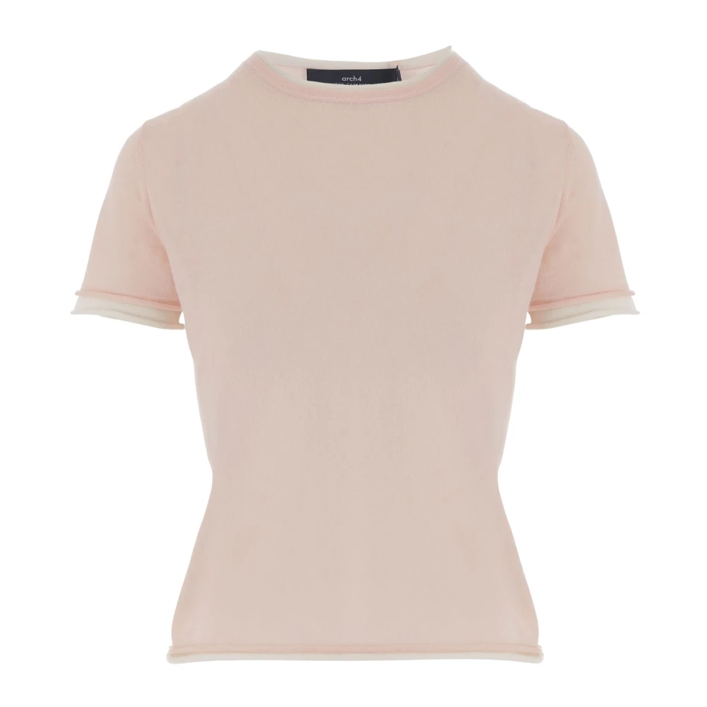 Arch4 Women's Pink Cashmere T-Shirt With Contrasting Edging