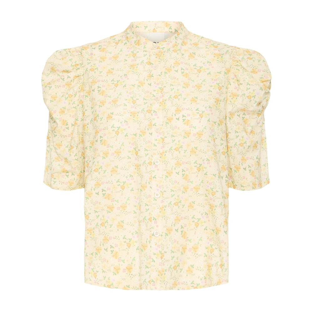 Ichi Multicolor Blouses, Female, Xs, Yellow Flowers Blouse With Puff Sleeves