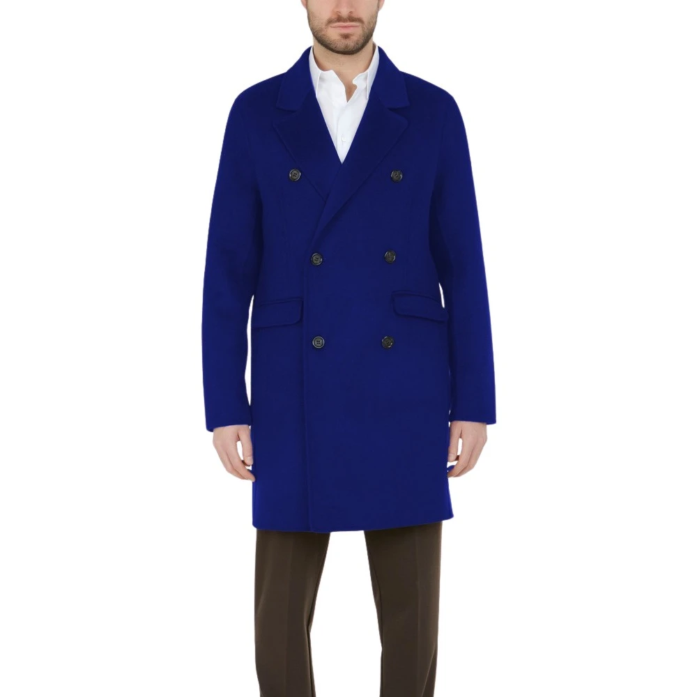 Paolo Pecora Men's Blue Double-Breasted Coats, 2XL, Wool Blend Coat