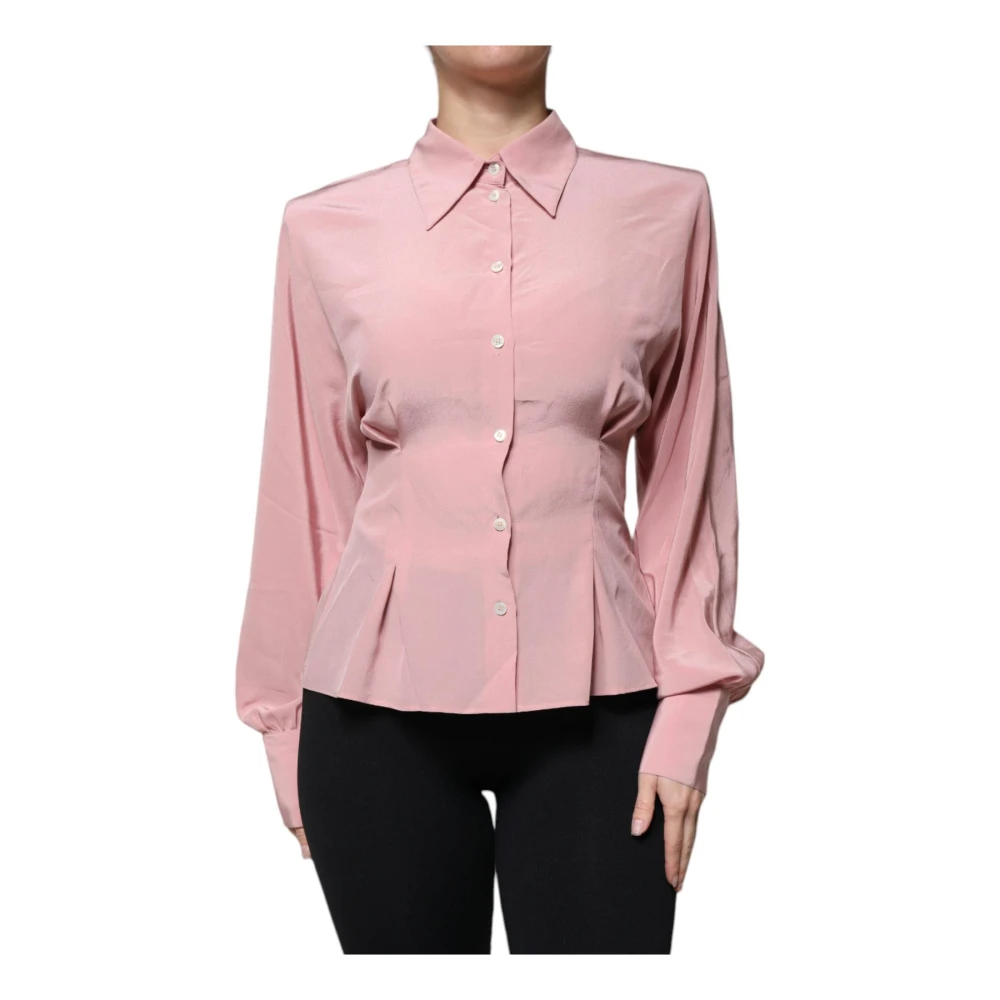 Dolce & Gabbana Women's Pink Silk Collared Blouse With Logo Details - Shirts - S - Blouses & Shirts