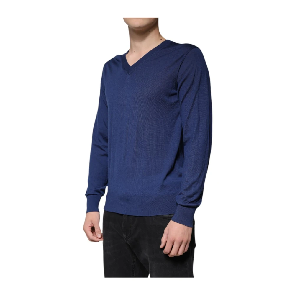 Dolce & Gabbana Navy Blauwe Cashmere V-Hals Trui Blue Heren