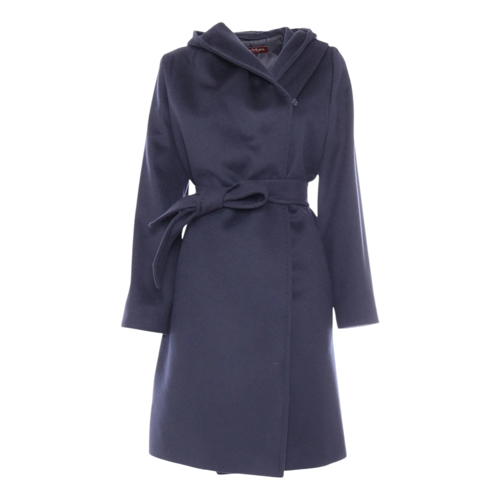 Max Mara Blauwe Wollen Jas met Wijde Capuchon Blue Dames