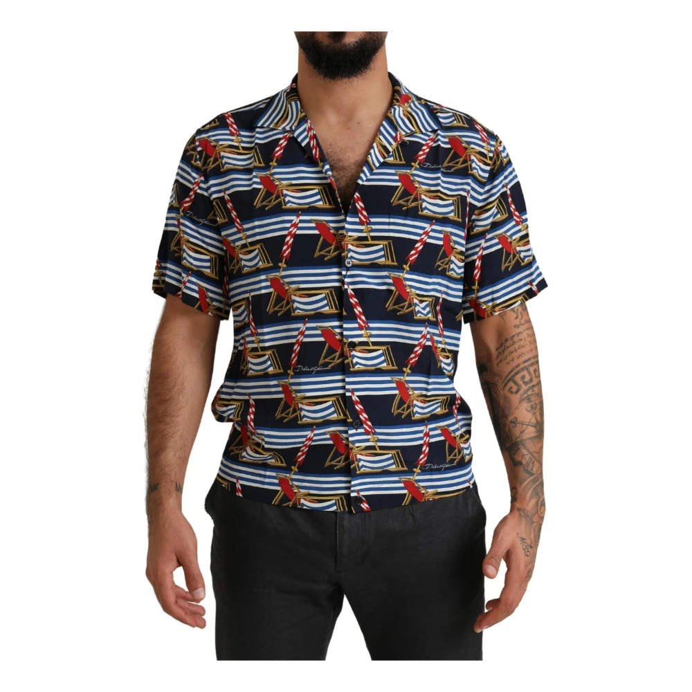 Dolce & Gabbana Men's Multicolor Short Sleeve Shirts, S, Beach Chair Print Silk Shirt