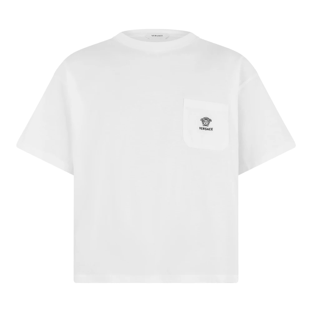 Versace Mannelijk Wit Tops Heren, S, Katoen, Geborduurde Katoenen Jersey T-Shirt