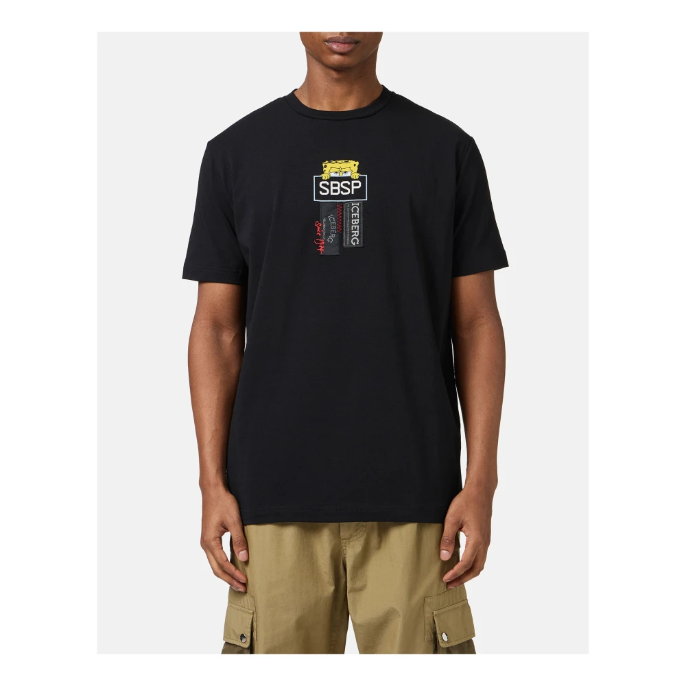 Iceberg Zwarte stretch katoenen T-shirt met Spongebob print Black Heren