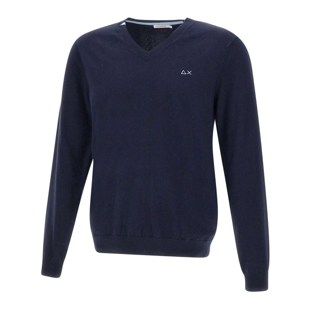 Sun68 Blauwe V-hals trui met logo Blue Heren