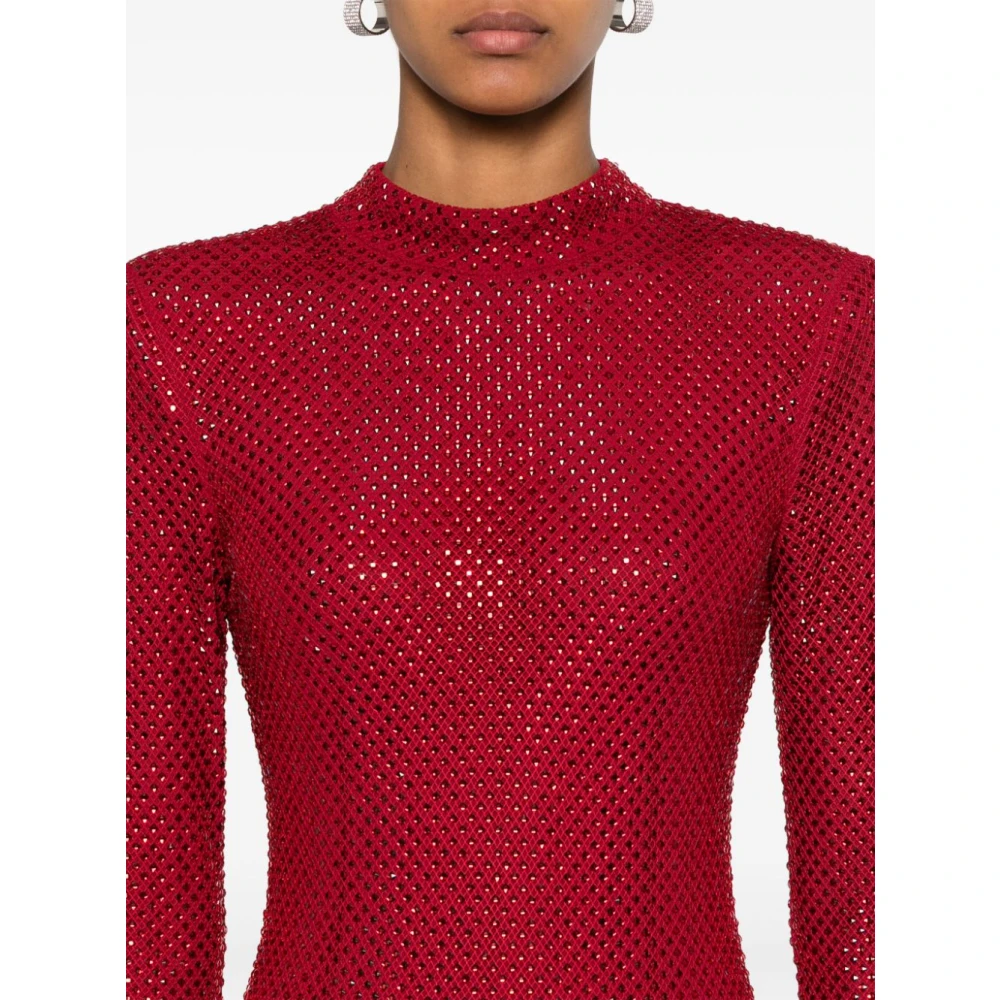 Self Portrait Rode Rhinestone Fishnet Midi Jurk Red Dames