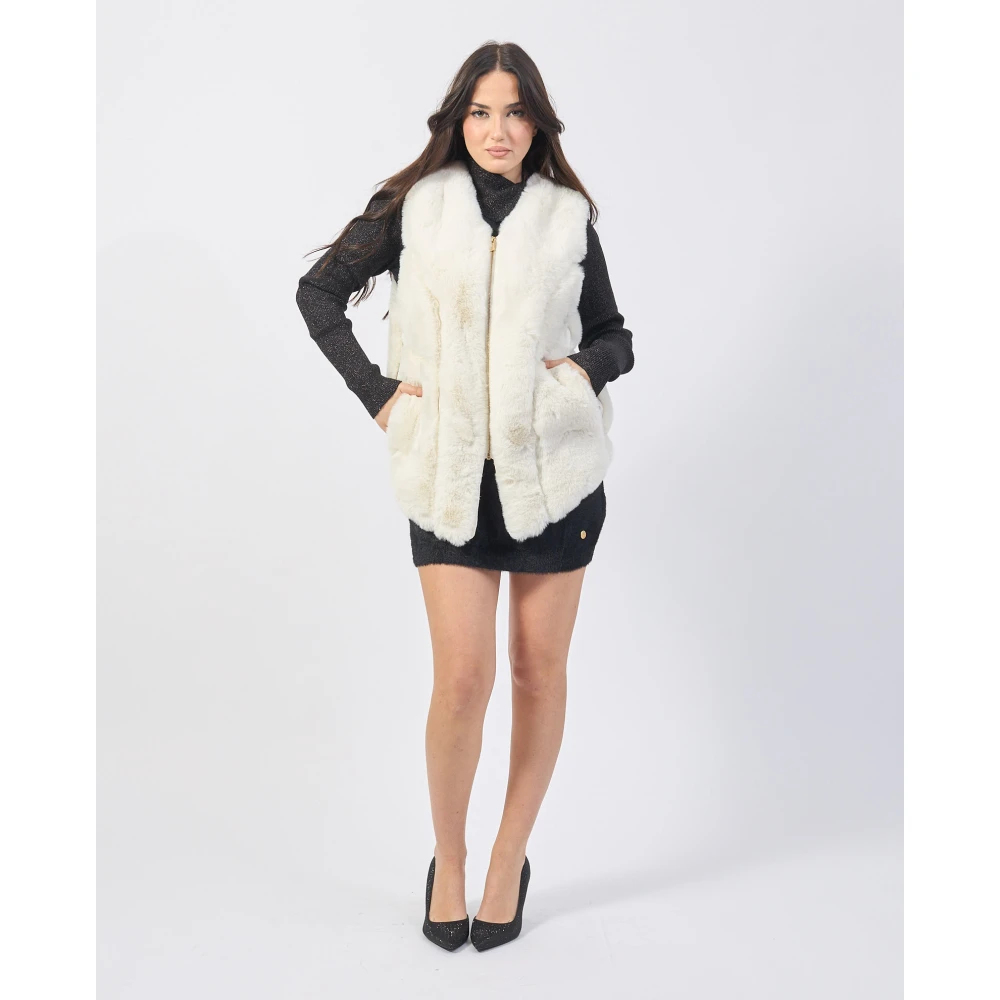 YES ZEE Mouwloze jas met imitatiebont White Dames