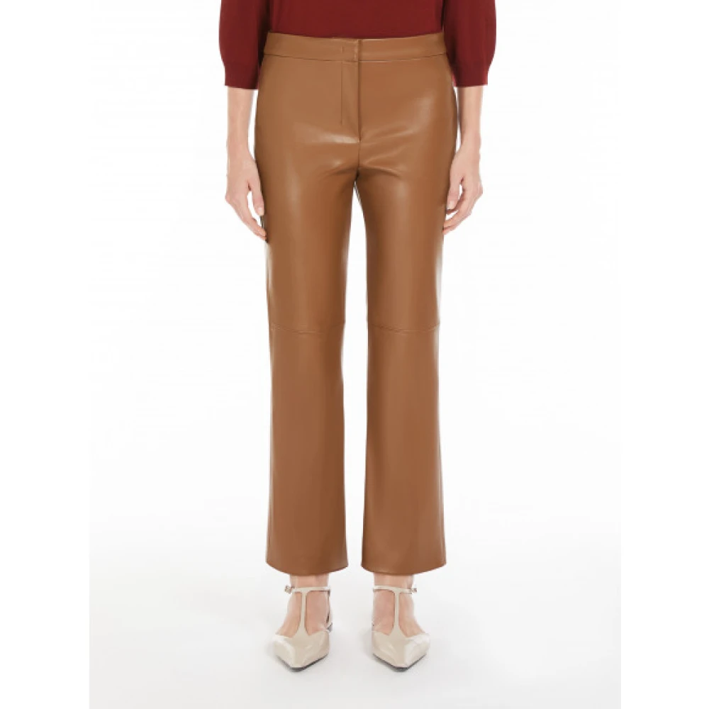 Max Mara Slim Fit Broek van Gecoat Stof Brown Dames
