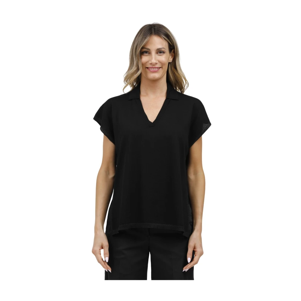Gran Sasso Vrouw Zwart Mouwloze Polo Met V-Hals En Lurex Bies