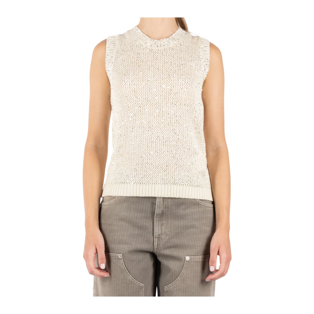 Golden Goose Gele Paillet Sweater Mouwloos Crew Neck Beige Dames