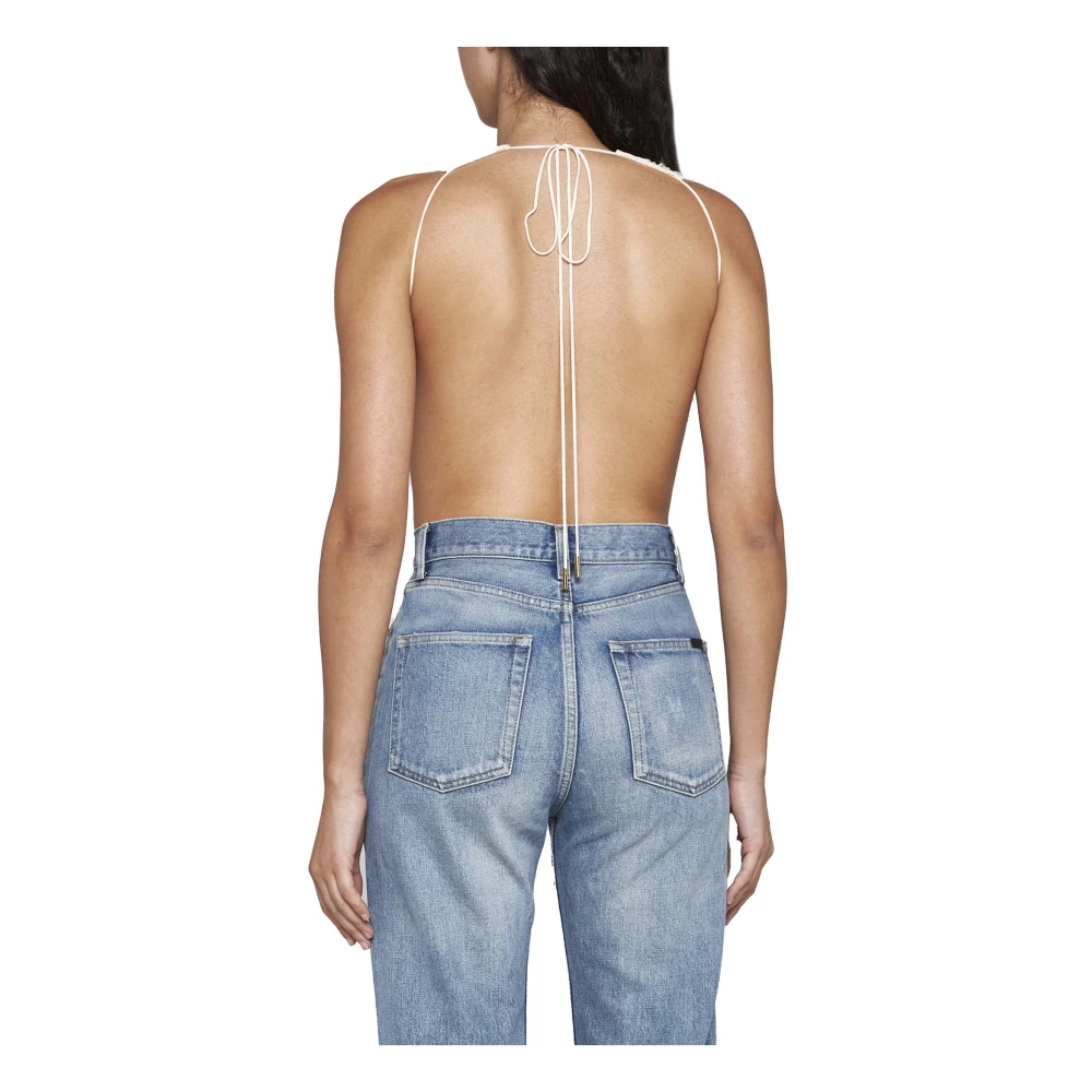 Saint Laurent Crème Halternek Bodysuit met Diepe V-hals Beige Dames
