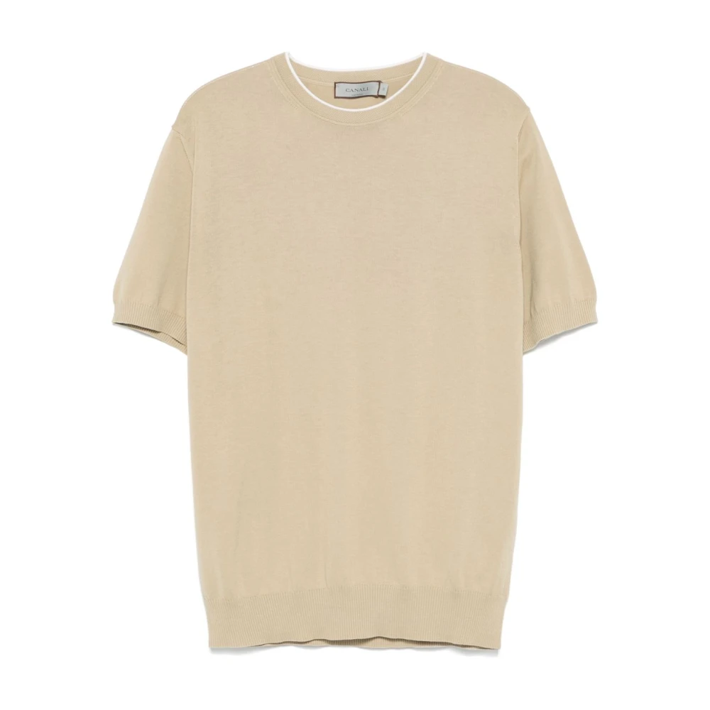 Canali Fijngebreide Gestreepte Ronde Hals T-shirt Beige Heren