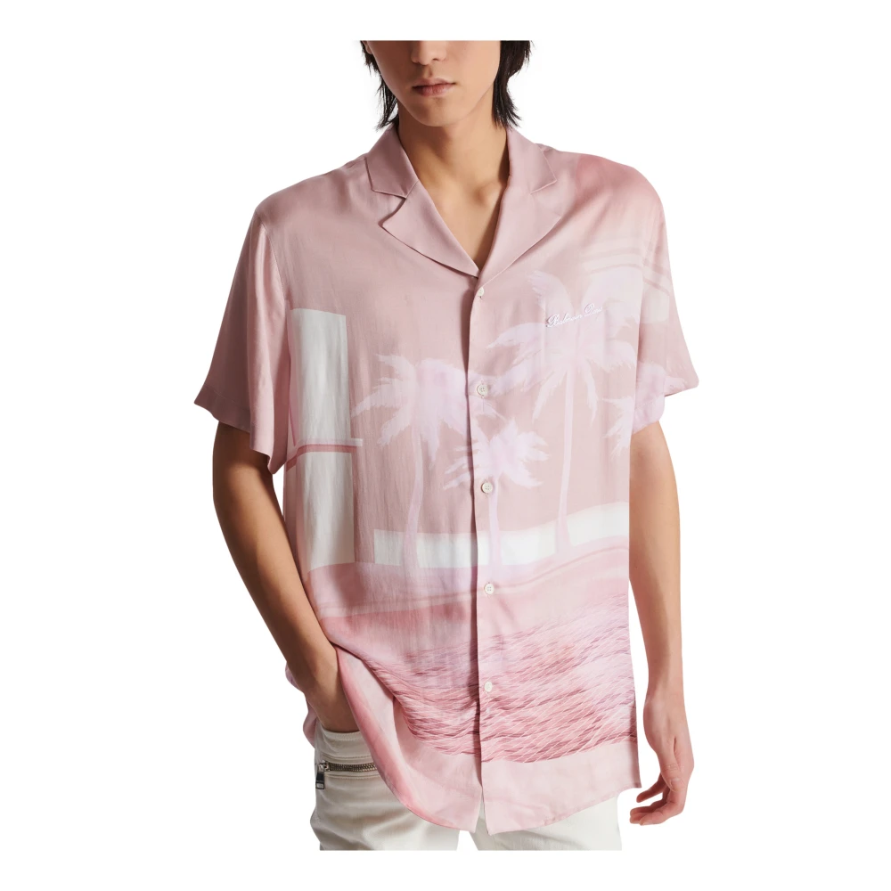 Balmain Kortemouw twill pyjamashirt met ansichtkaartprint Pink Heren