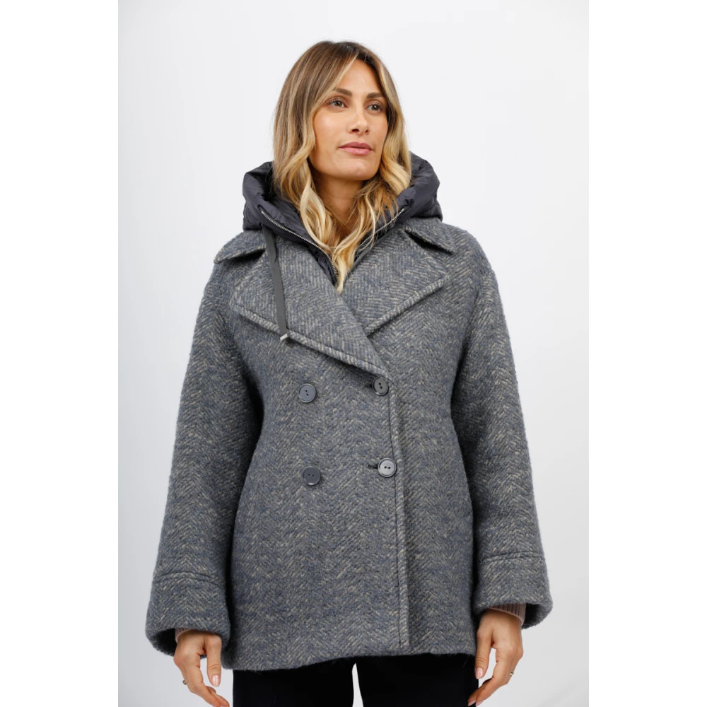 Duno Wollen Bouclé Dubbel-Breasted Peacoat met Afneembare Bib Blue Dames