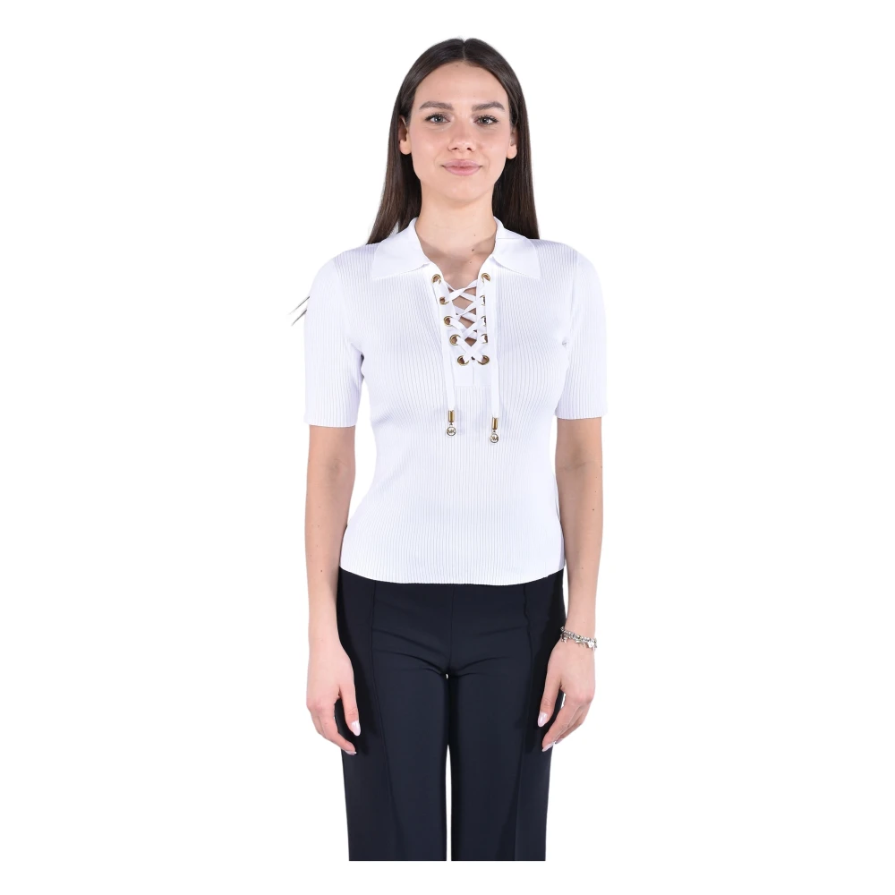 Michael Kors Women's White Polo Shirts, Xs, Ribbed Lace Polo