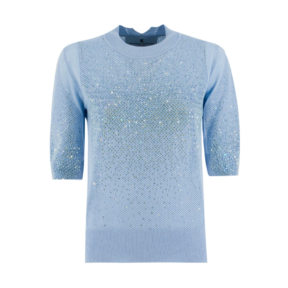 Ermanno Scervino Aquamarine Gebreid T-shirt met Kristallen Versiering Blue Dames