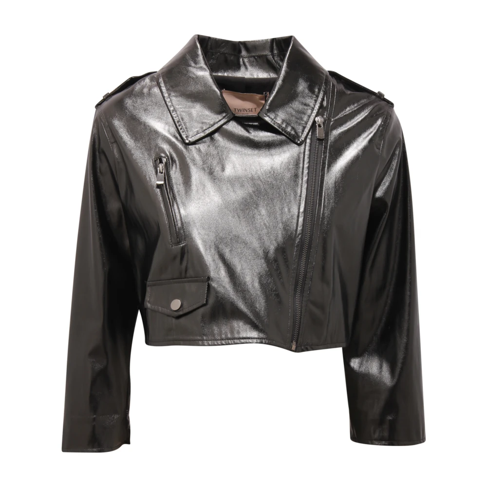 Twinset Women's Black Light Jackets, L, Eco Leather Crop Jacket