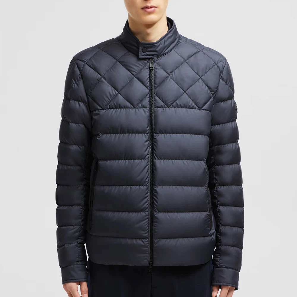 Moncler Navy Leren Bikerjack Blue Heren